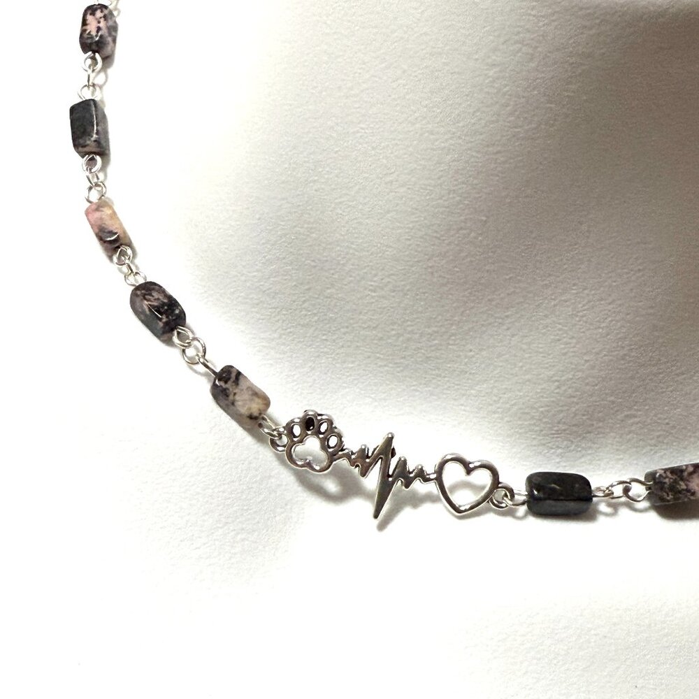 Genuine Gemstone Black Pink Rhodonite Paw Print Heart Beat Charm Short Necklace